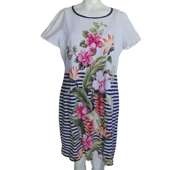 TOMMY BAHAMA Dress, L, White, Blue stripes, Floral print, Short sleeves, Jersey - Picture 11 of 11